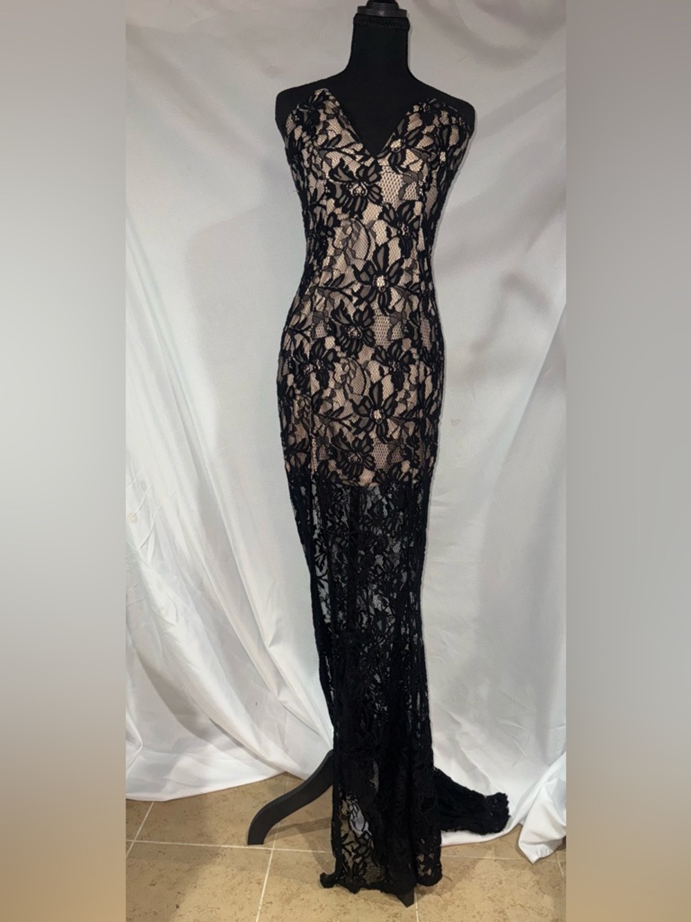 Strapless Black Lace Evening Gown with Nude Lining